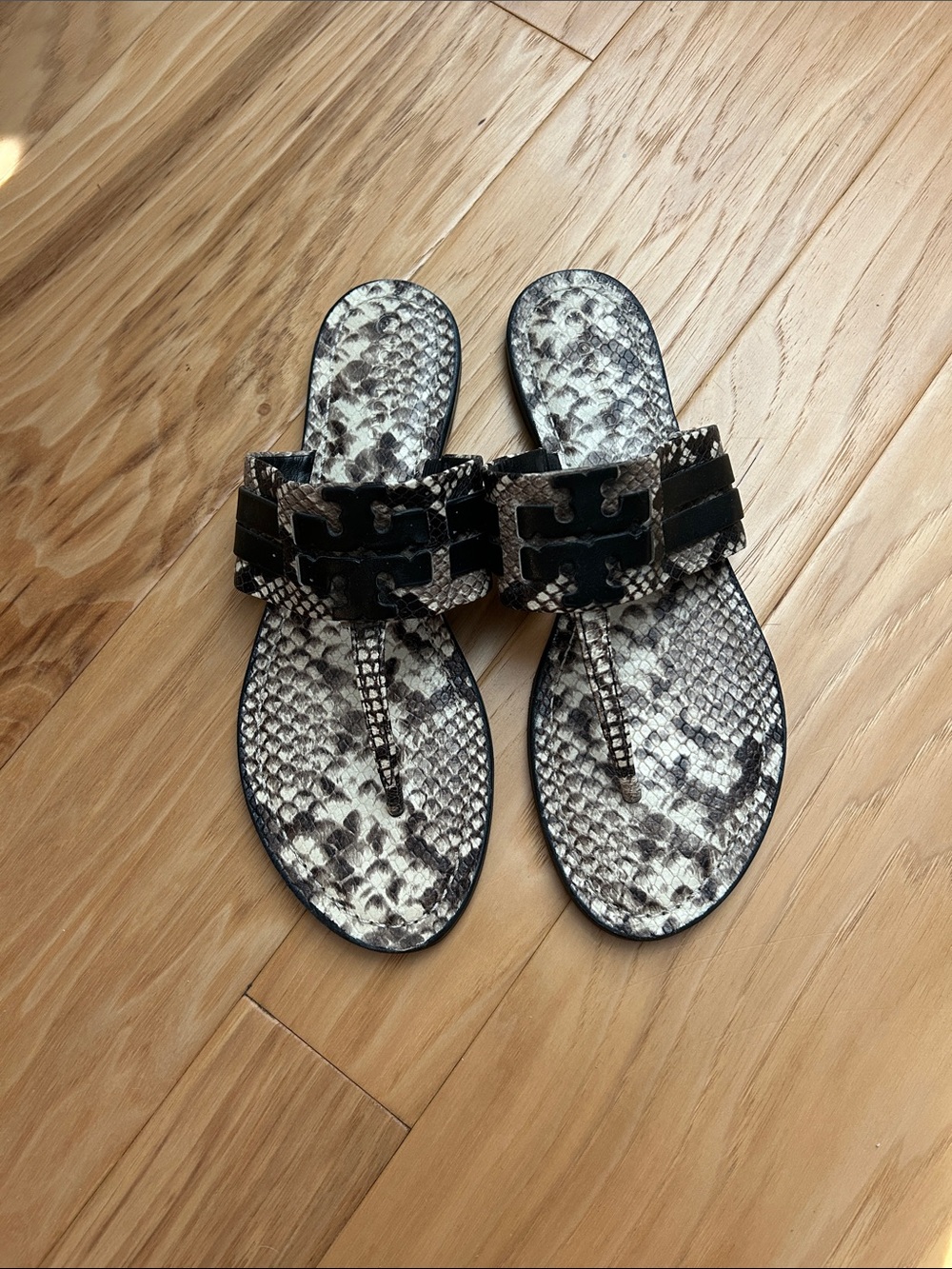 Tory Burch Snake-Print Miller Thong Sandals in Black and Beige